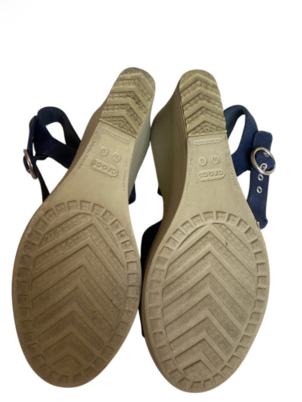 CROCS Navy and Tan Wedge Sandals Distressing Canvas Straps Size 9W - Picture 6 of 8